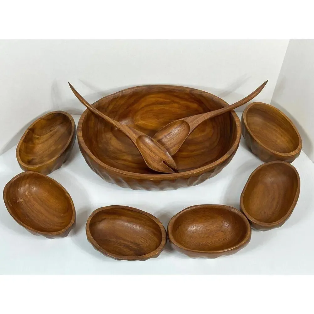 Vintage Wavy Oval Real Teak Wood Salad Bowl Set Gorgeous Wood Grain 9 Niece